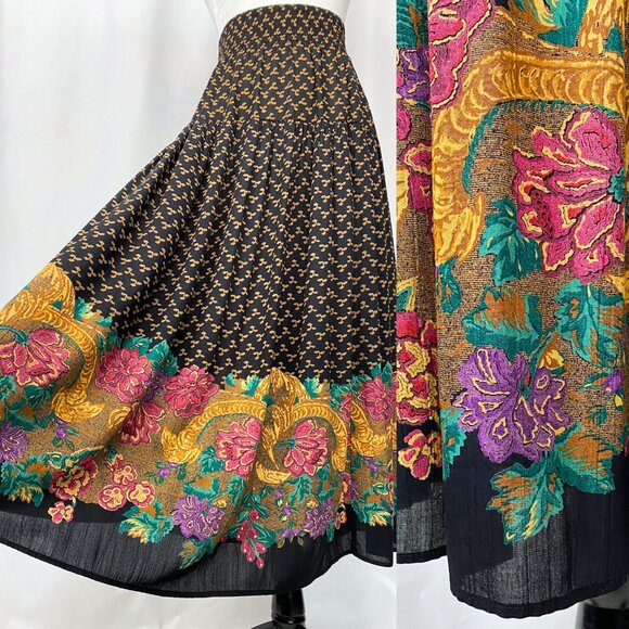 Vintage 90s Carole Little black floral broomstick witchy maxi skirt small - Picture 1 of 5